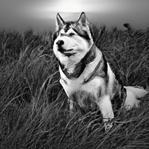 תמונה בשחור-לבן של האסקי סיבירי יושב בשדה דשא.