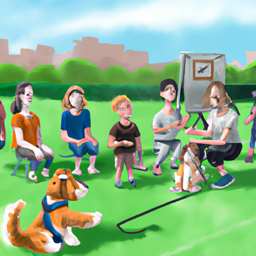 קבוצת אנשים המשתתפים בשיעור אילוף כלבים בפארק.