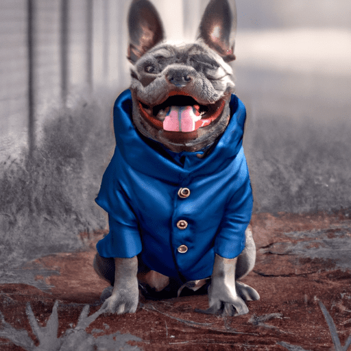 תמונה של בולדוג צרפתי כחול עם מעיל כחול וחיוך רחב וידידותי.