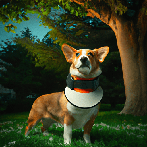 תצלום של כלב לובש קולר אילוף בפארק, מוקף בעצים גבוהים ובכר דשא.