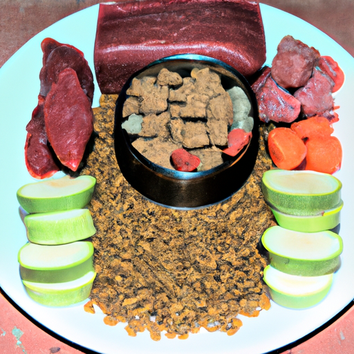 צלחת אוכל עם מגוון פריטי מזון בריאים לכלבים כולל בשר נא, ירקות ודגנים.