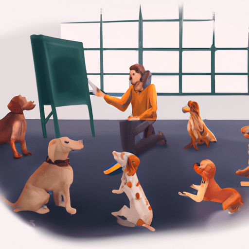 תמונה של מאלף מלמד בכיתה עם מגוון כלבים נוכחים