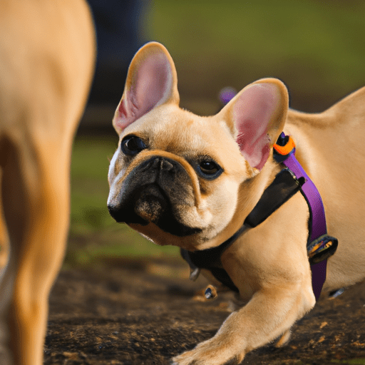 גור בולדוג צרפתי סקרן מסתכל על כלבים אחרים בפארק