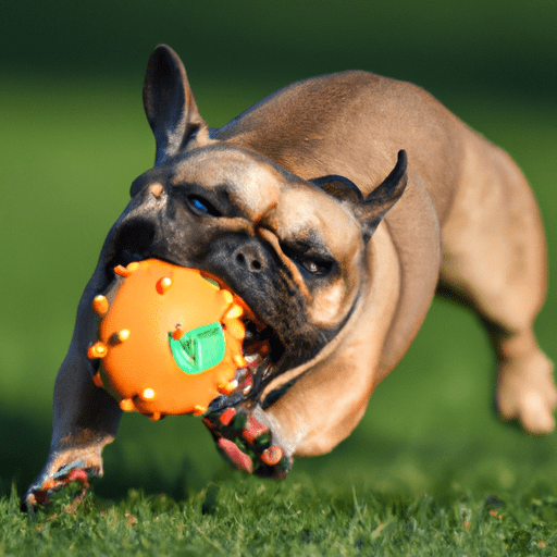 בולדוג צרפתי משחק בשמחה עם כדור בפארק ירוק, מראה את החשיבות של פעילות גופנית סדירה