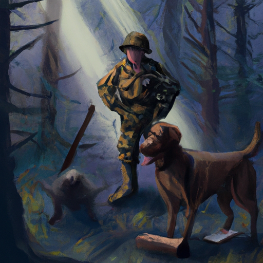 תמונה המציגה כלב חיפוש והצלה בפעולה, מאתר אדם אבוד ביער.