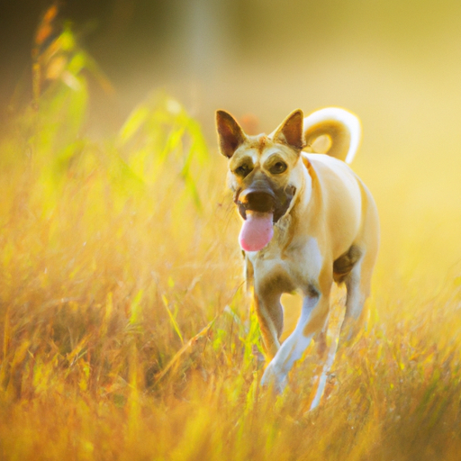 כלב בריא בגודל בינוני רץ על פני השדה כשהשמש שוקעת ברקע.