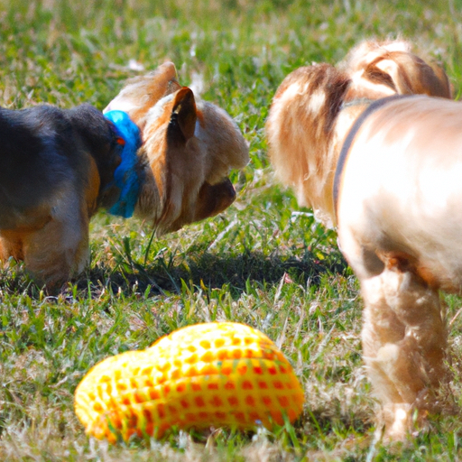 3. יורקשייר טרייר מתמודד ללא חת עם צעצוע גדול יותר של כלב.