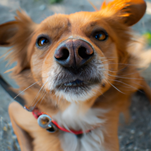 צילום תקריב של הכלב החום הקטן עם מבט שובב