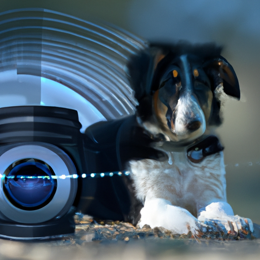 תמונה עתידנית של מצלמה עם כלב בפוזה מקדימה, המסמלת את עתיד צילום הכלבים.