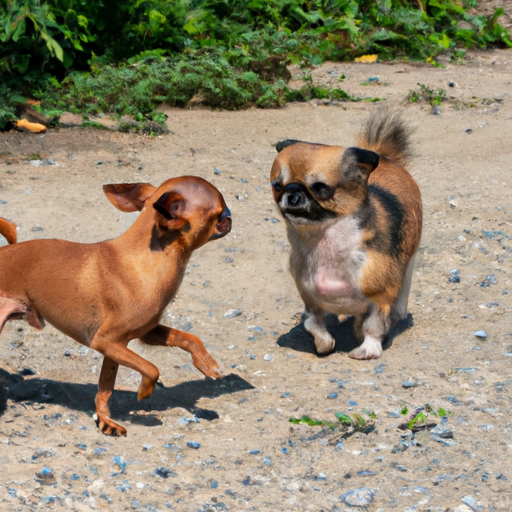 הכלב הסיני הקטן עומד ליד כלב גדול יותר, מציג את רוחו